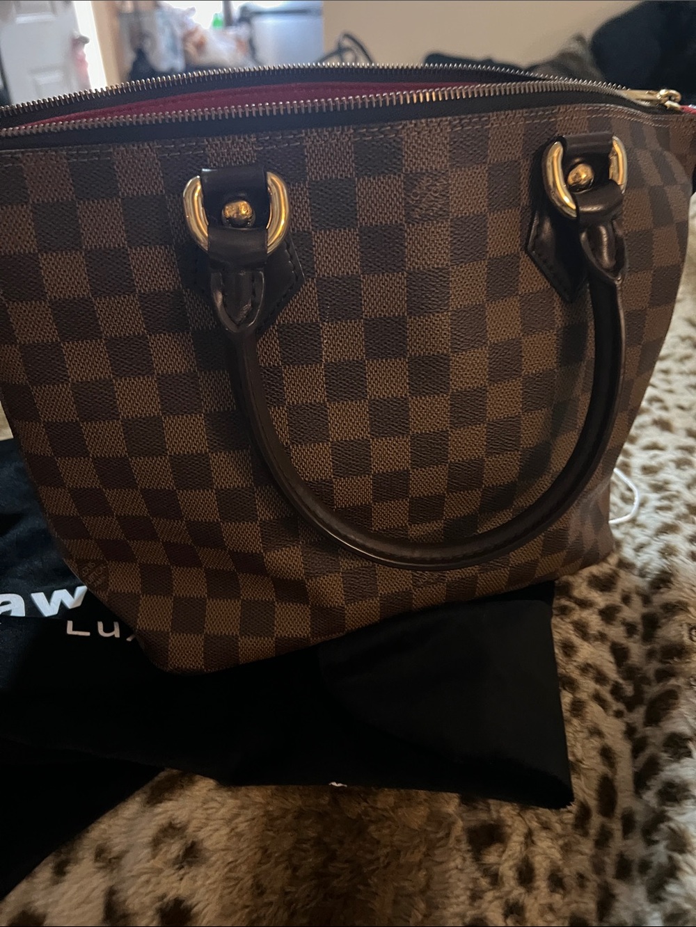 Louis Vuitton Damier Ebene Canvas Tote with Gold Hardware and Burgundy Lining